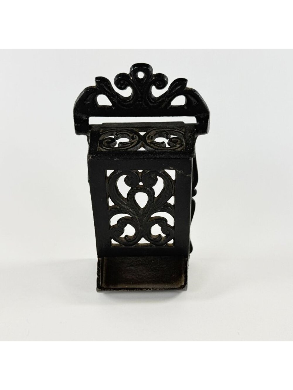 Vintage Match Box Holder Black Ornate Cast Iron Wall Mount Dispenser w/Top Lid